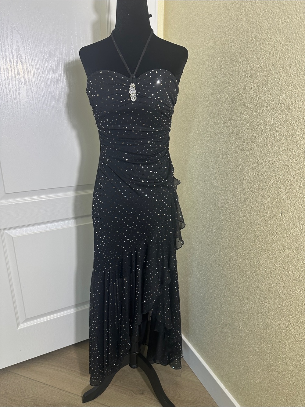 City Triangles Black Spaghetti Strap Halter Faux Wrap sparkling Y2K long dress.